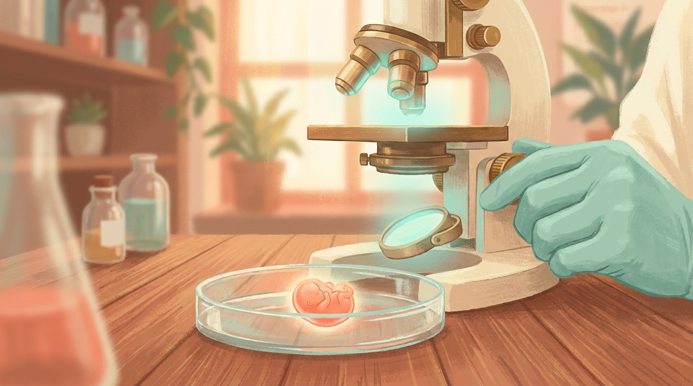Laboratorio de fecundación in vitro con microscopio y placa de Petri
