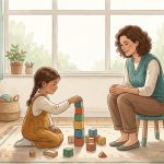 Niña construyendo una torre de bloques mientras una adulta la observa