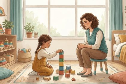 Niña construyendo una torre de bloques mientras una adulta la observa