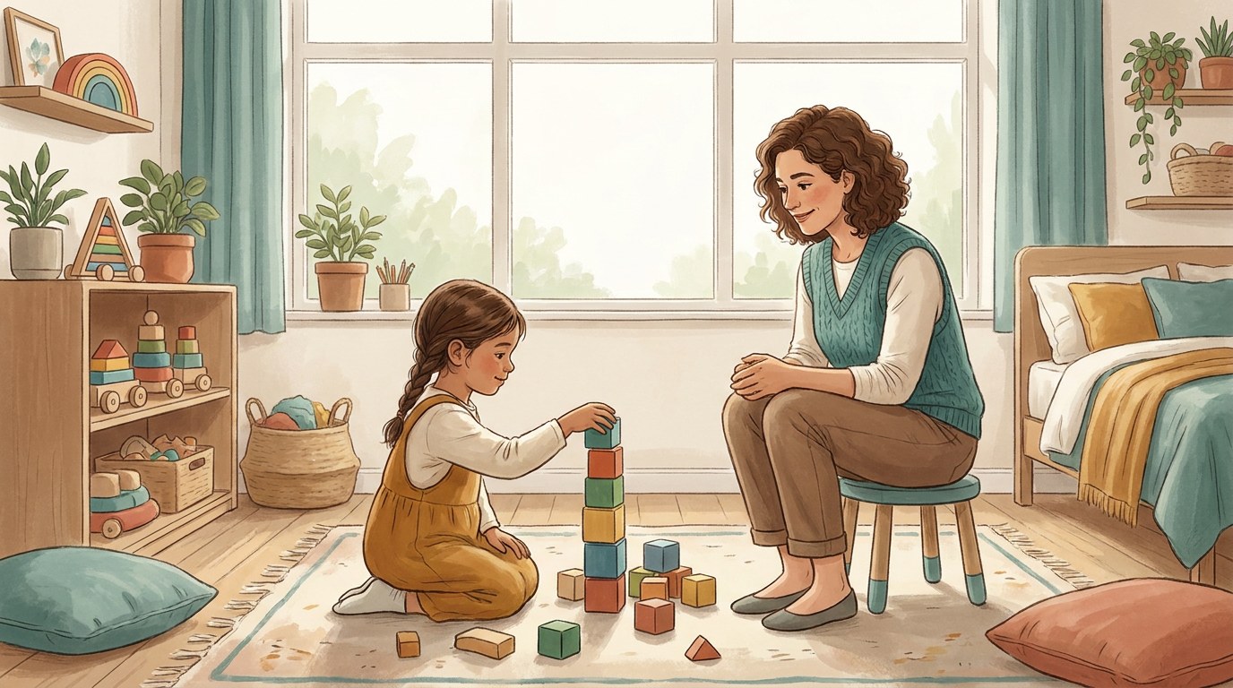 Niña construyendo una torre de bloques mientras una adulta la observa