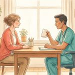 Mujer adulta en consulta médica hablando con su médico