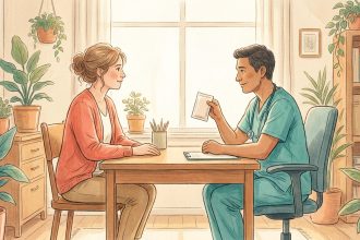 Mujer adulta en consulta médica hablando con su médico