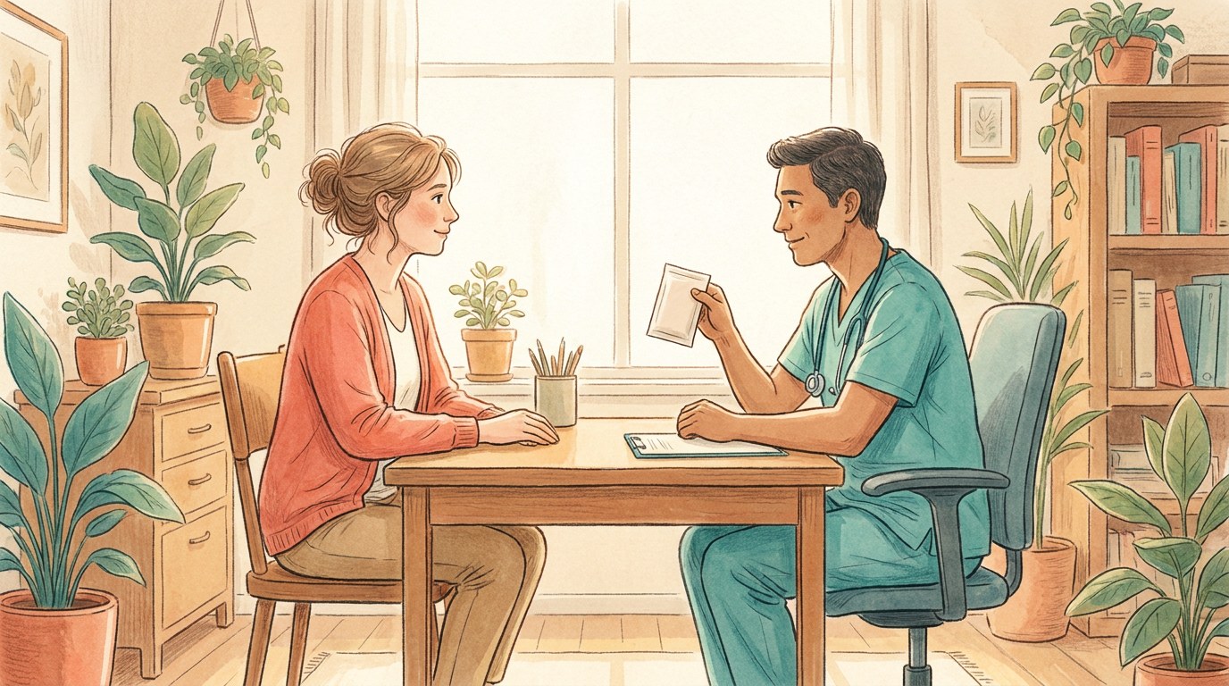 Mujer adulta en consulta médica hablando con su médico