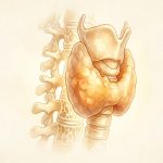 Ilustración de la glándula tiroides sobre una columna vertebral