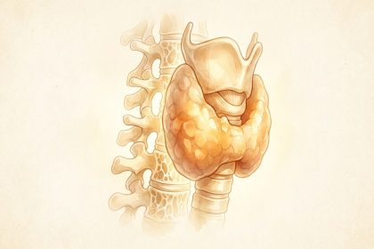 Ilustración de la glándula tiroides sobre una columna vertebral