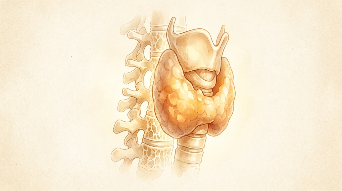 Ilustración de la glándula tiroides sobre una columna vertebral