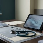 Cardiology consultation room: stethoscope, echocardiography report and ECG trace on the desk