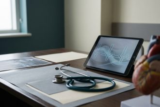 Cardiology consultation room: stethoscope, echocardiography report and ECG trace on the desk