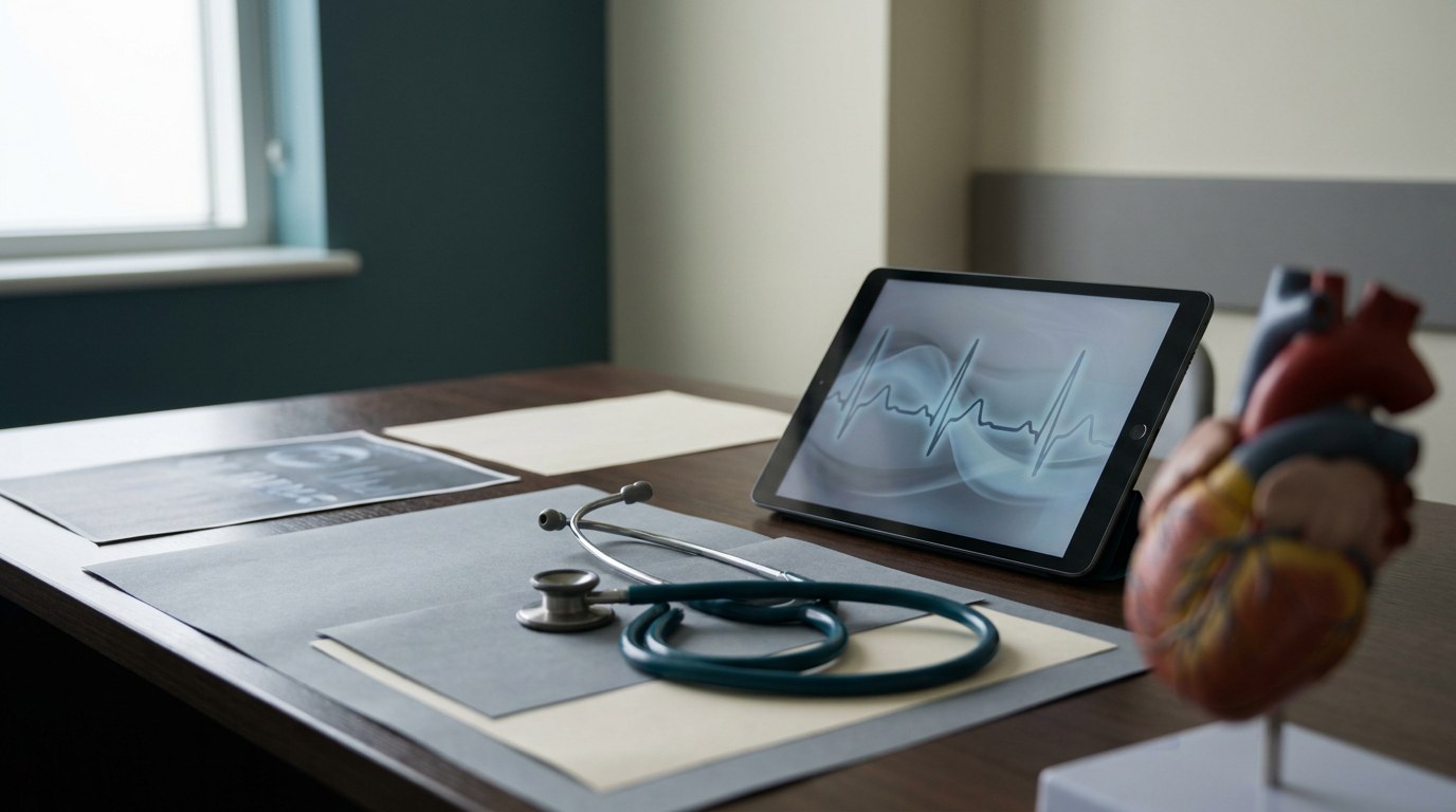 Cardiology consultation room: stethoscope, echocardiography report and ECG trace on the desk